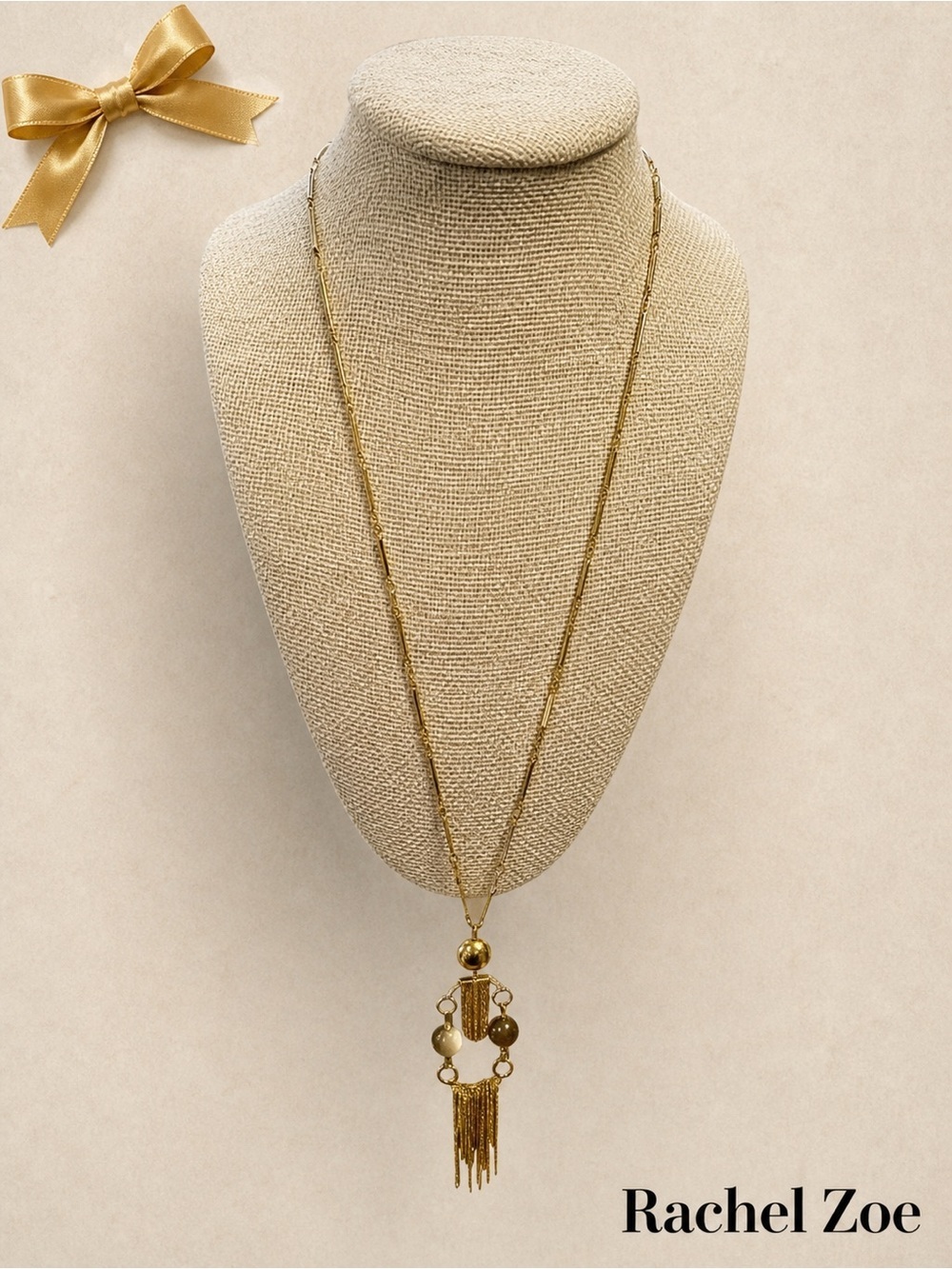 Rachel Zoe Gold Tone Long Pendant Necklace Fringe Beads Statement